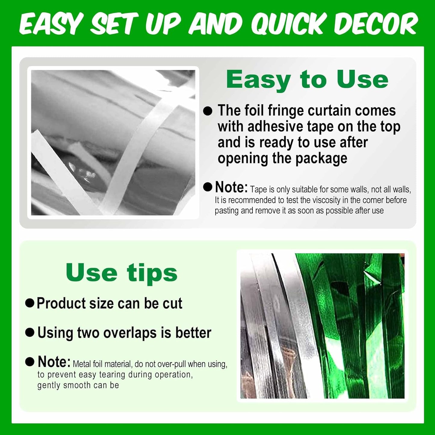 6 Pack Silver Green Foil Fringe Curtains Backdrop, 3.28 x 8.2 Ft Metallic Streamers Tinsel Curtains Background for Photo Booth, Birthday, Weddings, Carnivals, Graduation, Themed Party Decorations