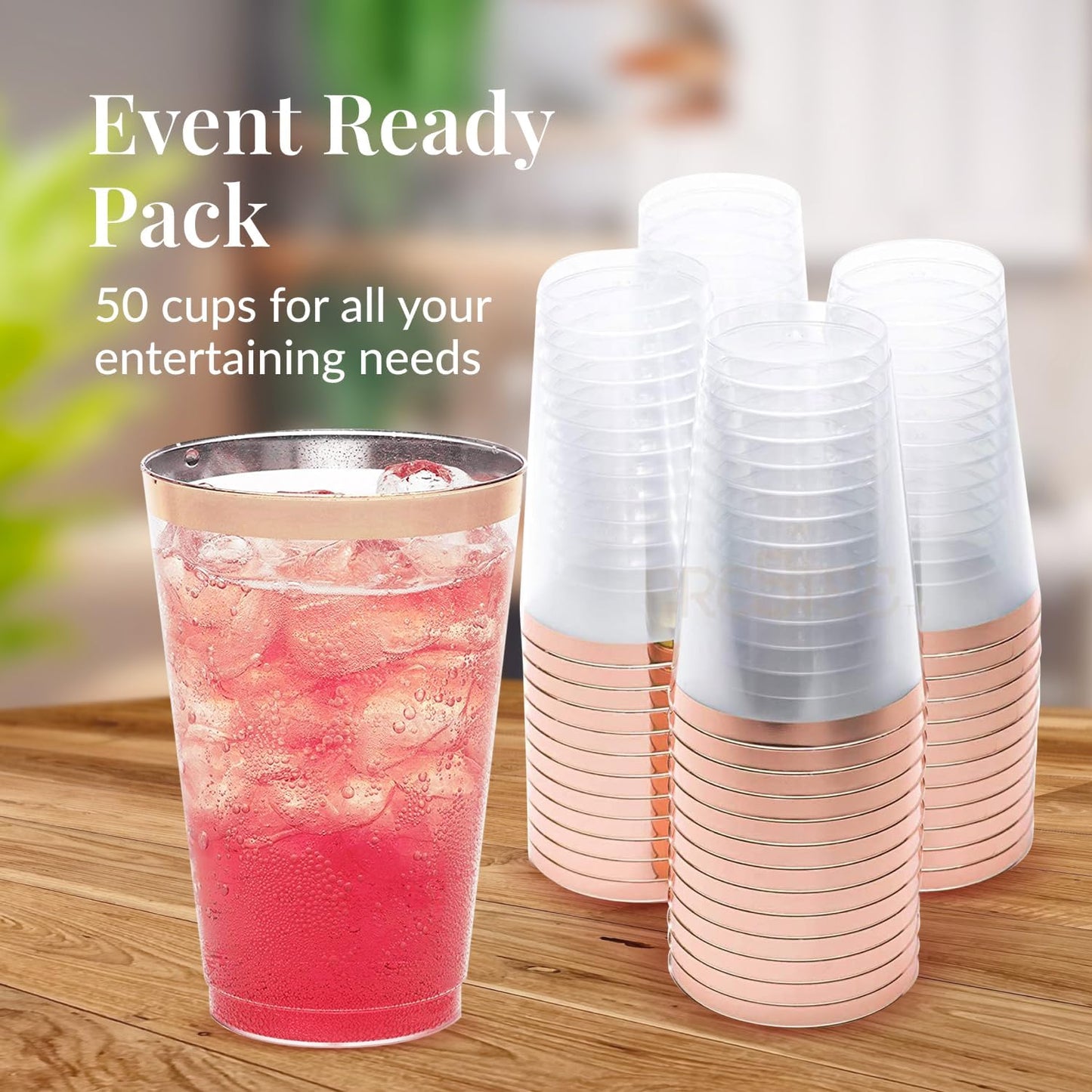 50 Pack Disposable Plastic Cups by Prestee - 14 oz Rose Gold Rimmed Plastic Wine Glasses - Heavy Duty, Pink Rim Cup - Disposable Party Cups and Fancy Wedding Tumbler - Elegant Decoration Cup for Party