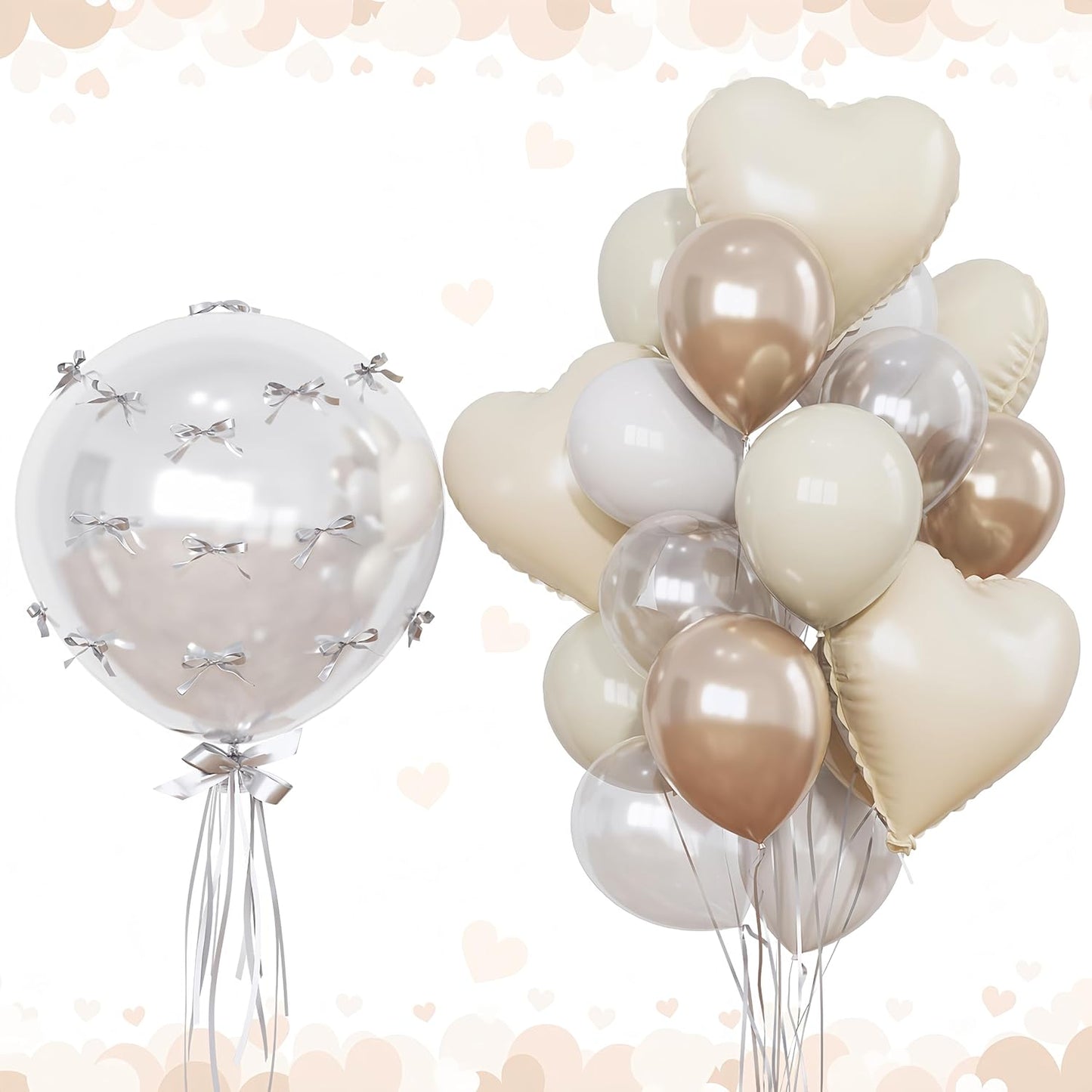 Cream White and Gold Balloons Beige Heart Balloon as Engagement Party Decorations, Metallic Champagne Gold and Sand White Nude Balloons 18 inch Clear Heart Shape Foil Balloon as Bride Wedding Decor