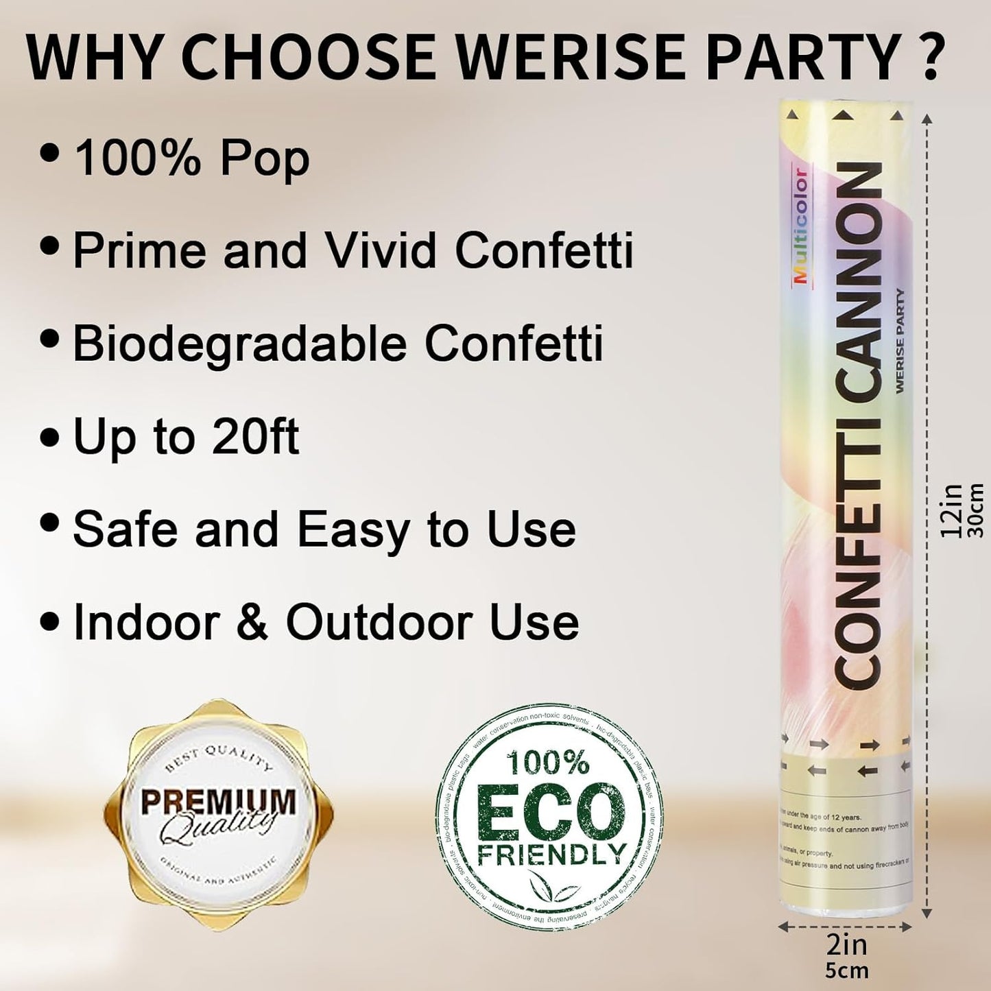 Biodegradable Confetti Poppers Cannon, 6 Pack WERISE Party Multicolor Party Poppers Confetti Shooters for Birthday, Wedding, Graduation Celebration New Year 12 Inch