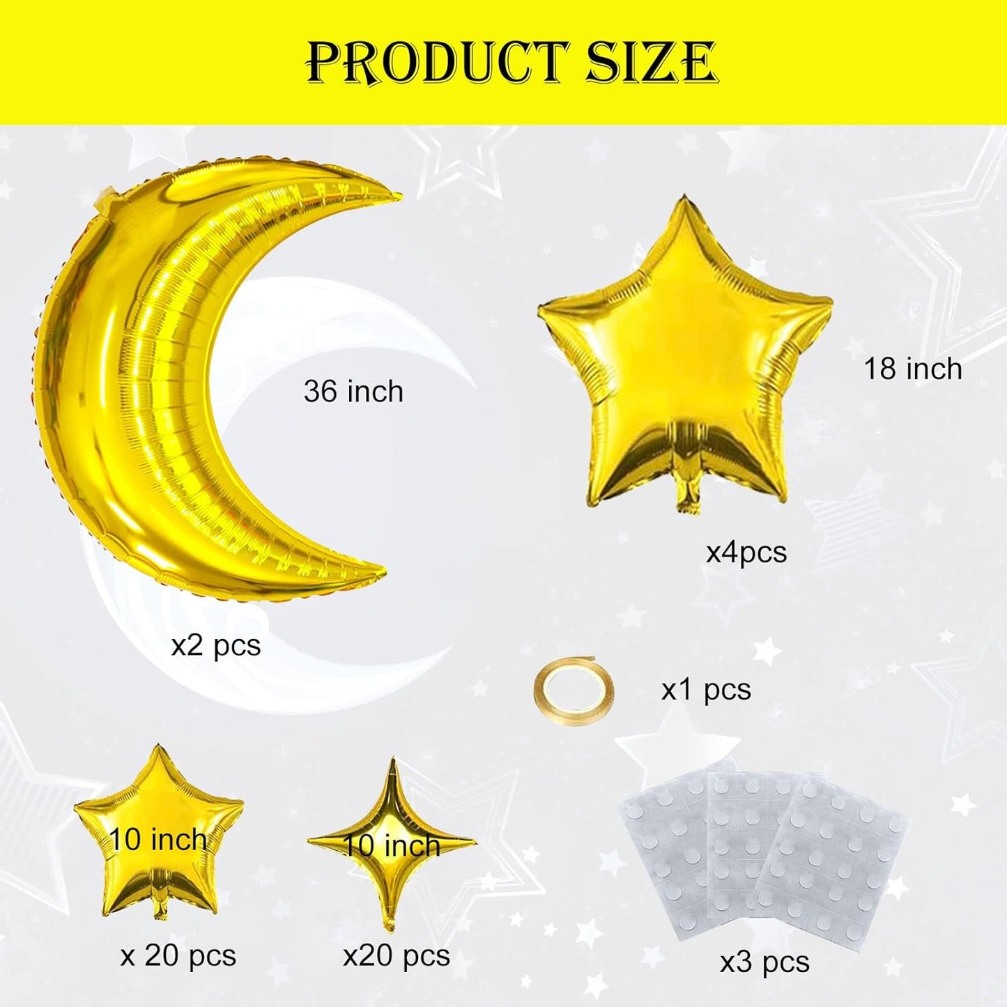 50pcs Moon and Star Balloons Gold，36"Moon Foil Balloons 18"10" Star Foil Balloons Four Pointed Star Balloon Mylar Balloon for Baby Shower Christmas Anniversary Wedding Birthday Party