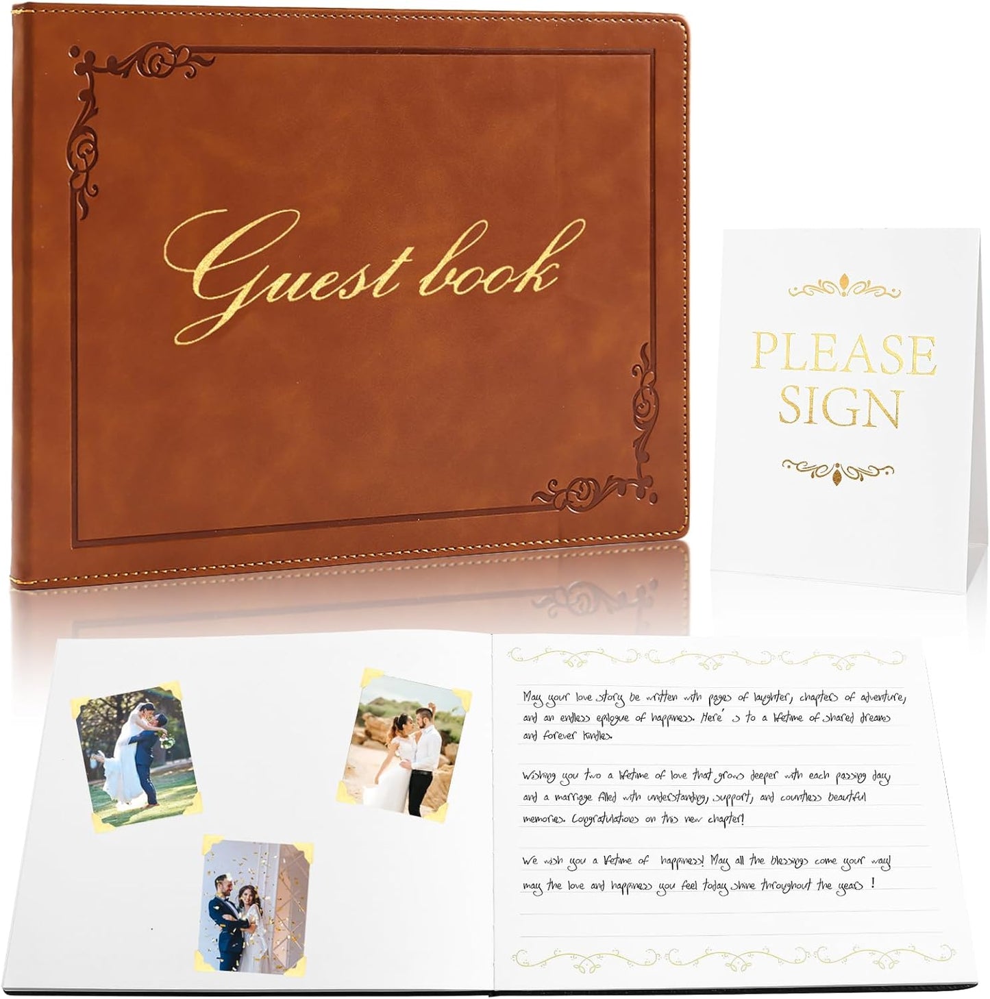 8x10 Leather Guest Book and Standup Sign Set, Gold Foiled Cover Registry Book for Wedding Reception, Retirement Party, Vacation Homes and Events, 120 Sheets (Brown)