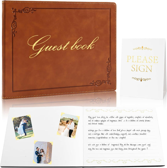 8x10 Leather Guest Book and Standup Sign Set, Gold Foiled Cover Registry Book for Wedding Reception, Retirement Party, Vacation Homes and Events, 120 Sheets (Brown)