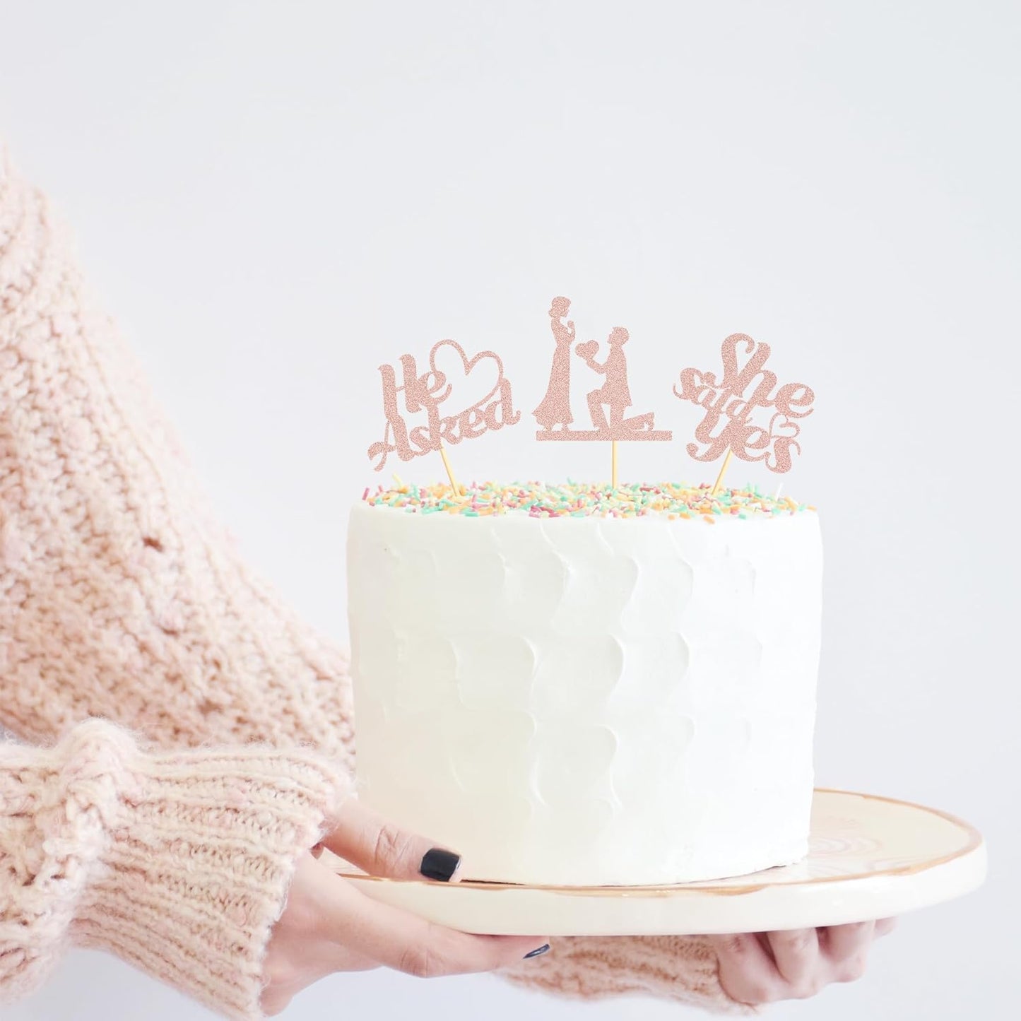 Sotpot 24PCS He Asked She Said Yes Cupcake Toppers With Heart Rose Gold Glitter for Wedding Bridal Shower,Wedding Engagement Party Cake Decorations