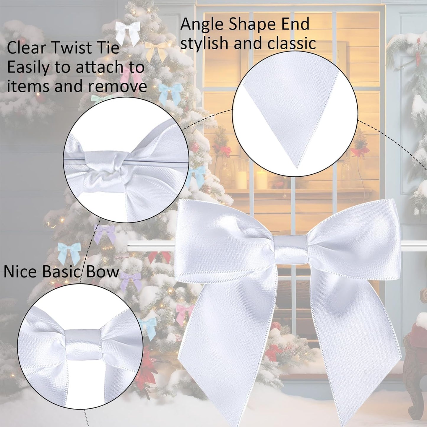 114 Pack Twist Tie Bows for Treat Bags 3" White Satin Ribbon Bows for Package Craft, Gift Wrapping Decoration, Candy Bags, Bakery Bags, Wedding, Baptism, Tableware Decor Party Decoration