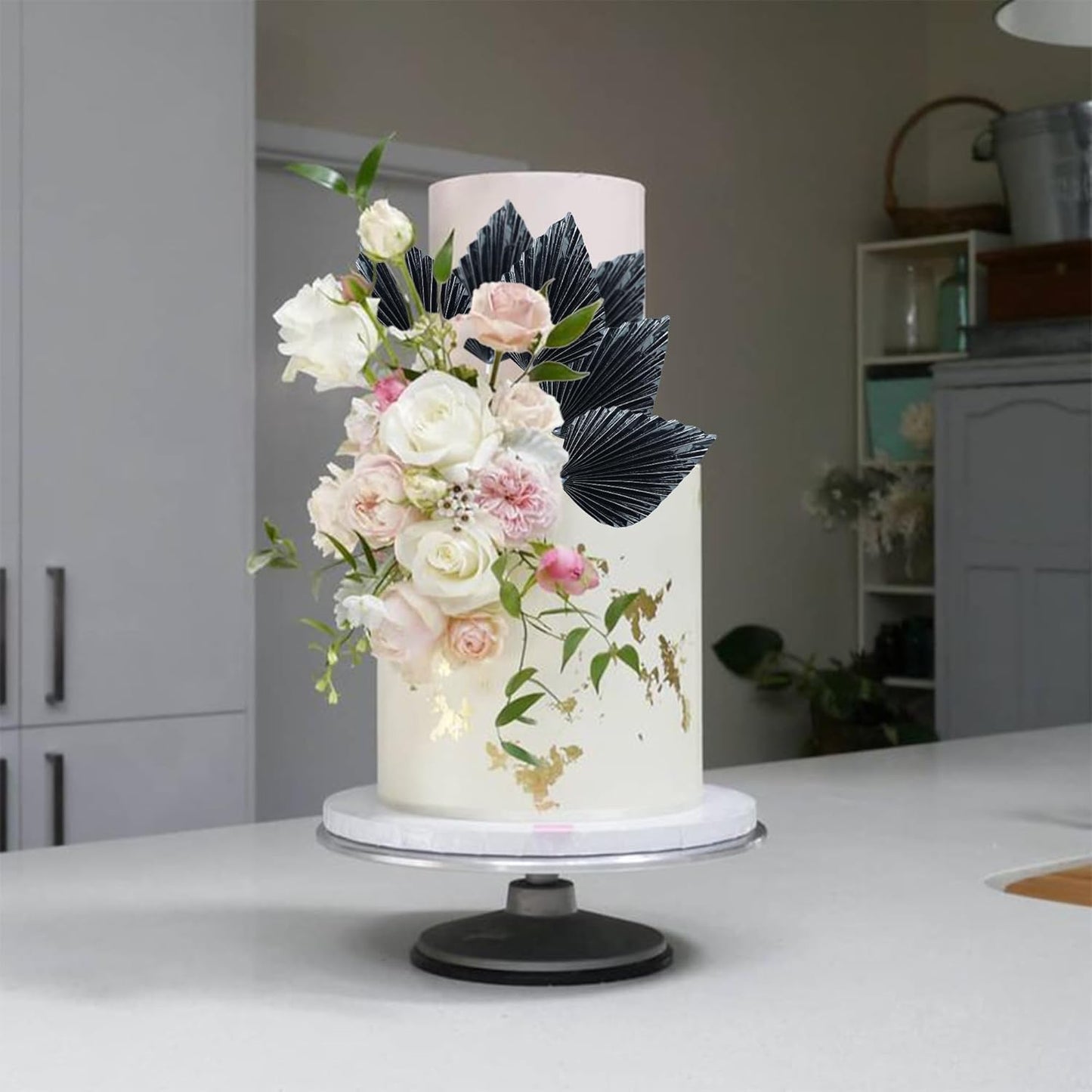 Ephlyn 6Pcs Paper Palm Leaves Fan Cake Toppers Palm Leaf Fan Cake Picks Craft DIY Fan Cupcake Toppers Palm Spear Leaves Cake Decorations for Baby Shower Wedding Birthday Party Supplies Bright Black