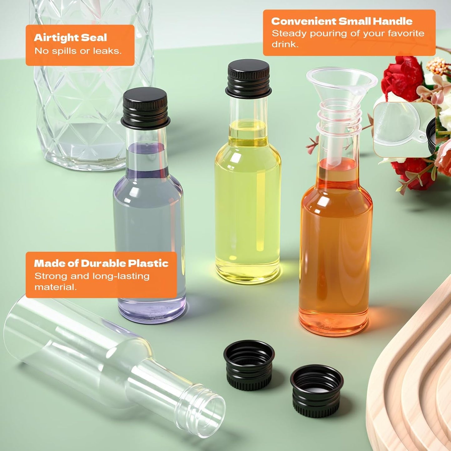 50 Pcs Mini Liquor Bottles with Black Cap, Plastic Alcohol Bottles, 2oz Leakproof Empty Spirit Bottle, Mini Salad Dressing Bottle with Funnels for Cocktail Party Weddings