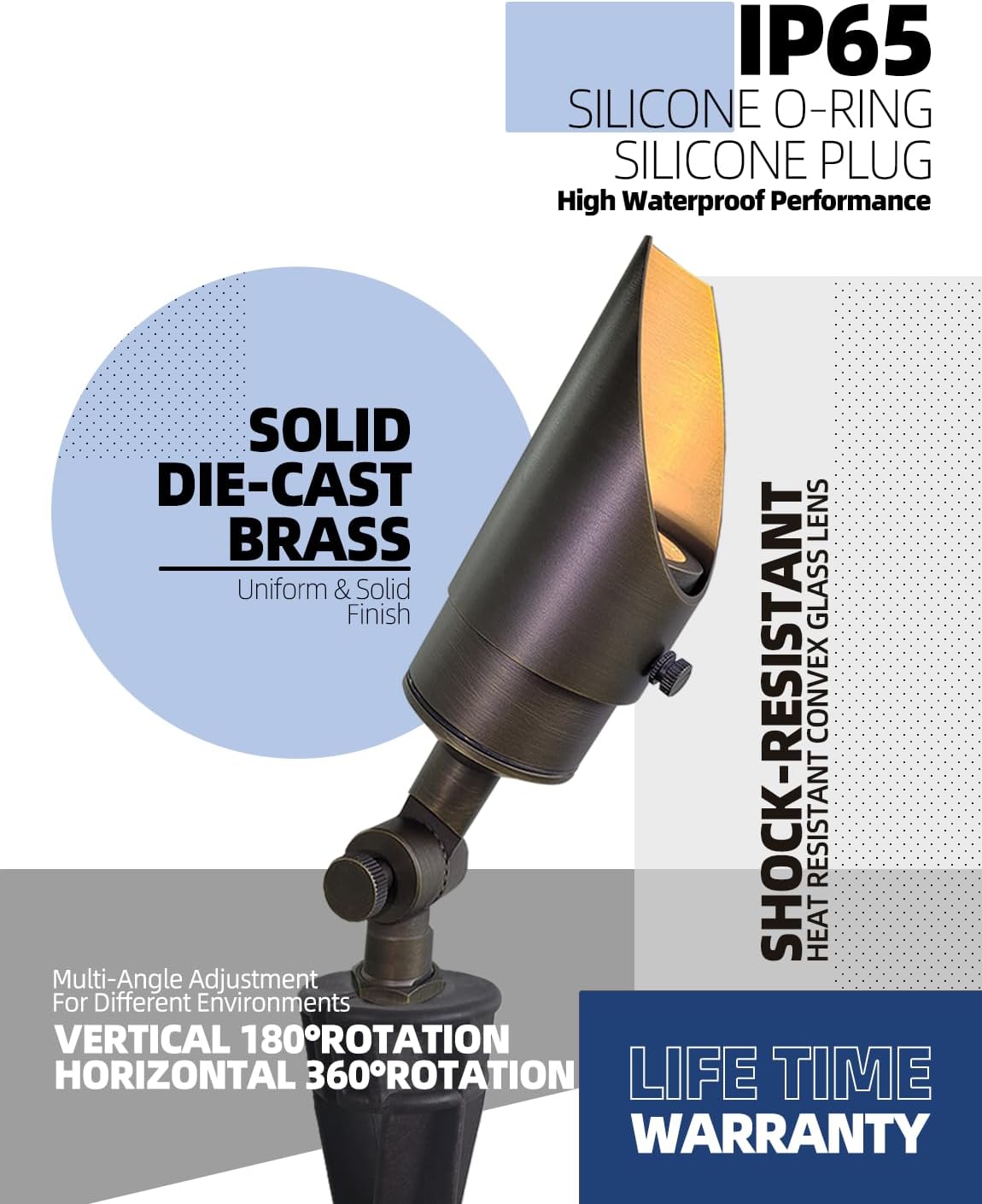 MALORY Brass Landscape Spotlight 6-Pack with MR16 Bulb Kit(S04), Low Voltage 12V AC/DC Shroud Adjustable Outside Yard Lights,PVC Ground Stake and Wire Connector Included, 5W 2700K Warm White