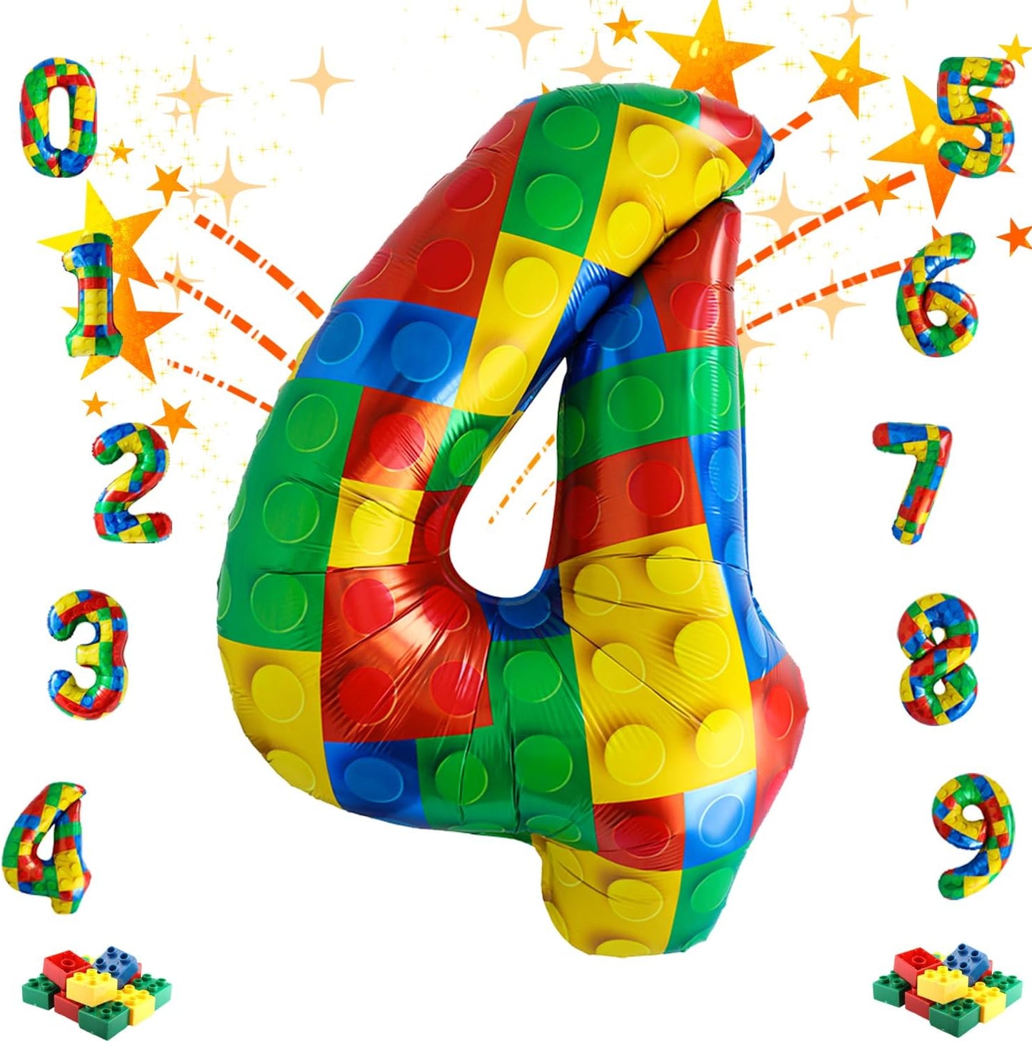 32 Inch Stackable Block Number Balloon – Colorful Brick Building Themed Big Helium Digits for Kids Birthday Party Decorations (Building Block, Number 4)