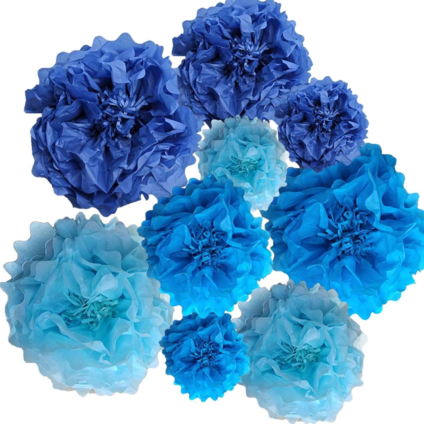 Blue Paper Flower Pom Poms Wall Decorations for Baby Showers, Weddings, Birthdays, Bridal, Tea Parties, Engagement, Home Decor