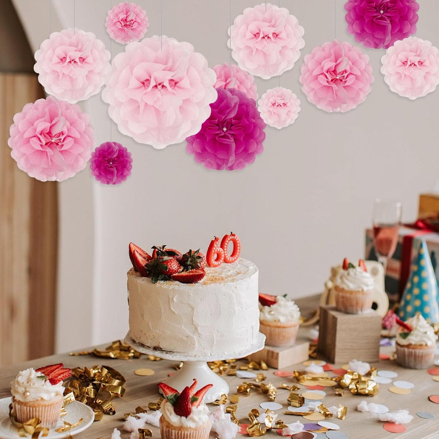 Tissue Paper Pom Poms, Pink Tissue Paper Flowers, Hanging Flower Balls for Weddings Fiesta Parties Birthday Baby Showers Classroom Bridal Shower Decoration (18Piece Set-6/10/12/14Inch)
