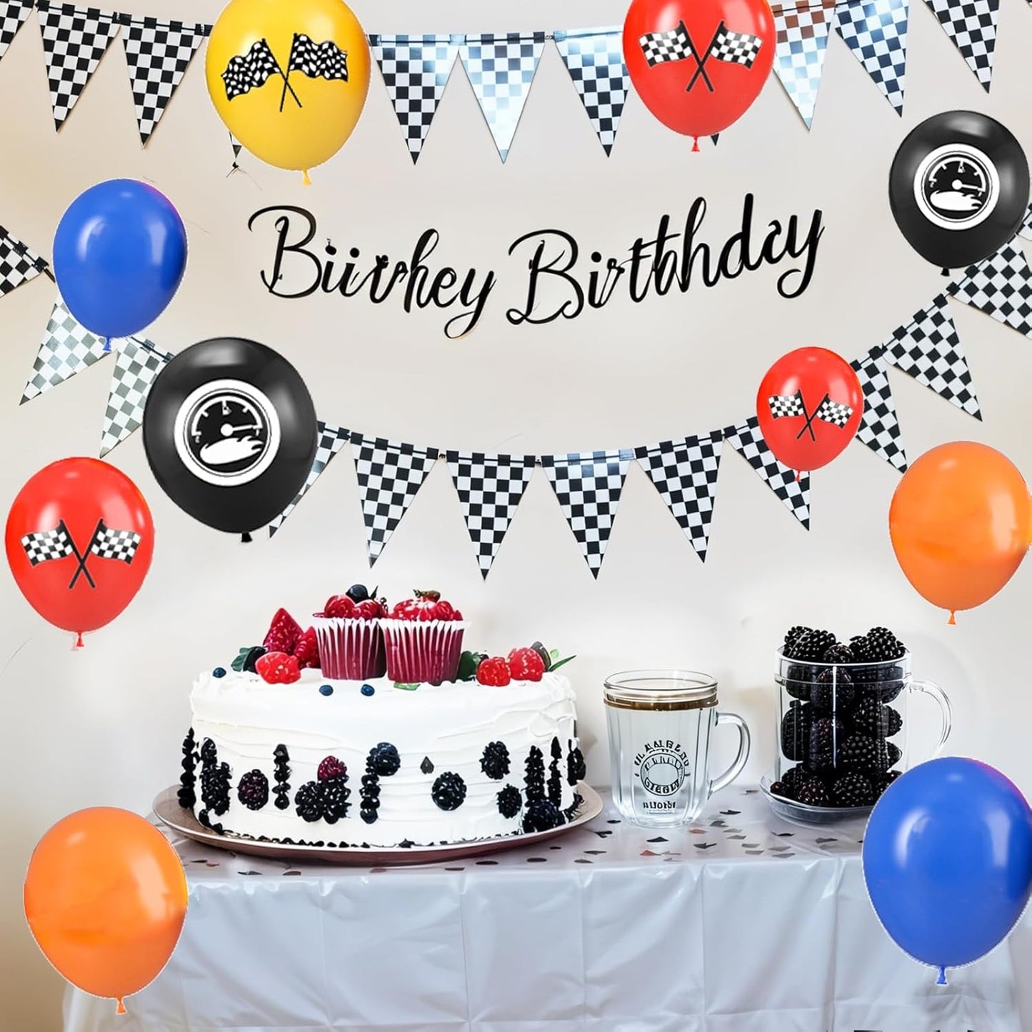 Race Car Balloons, 12 Inch Blue Black Yellow Orange Red Checkered Flag Car Balloons for Boy Race Cars Themed Birthday Graduation Baby Shower Backdrop