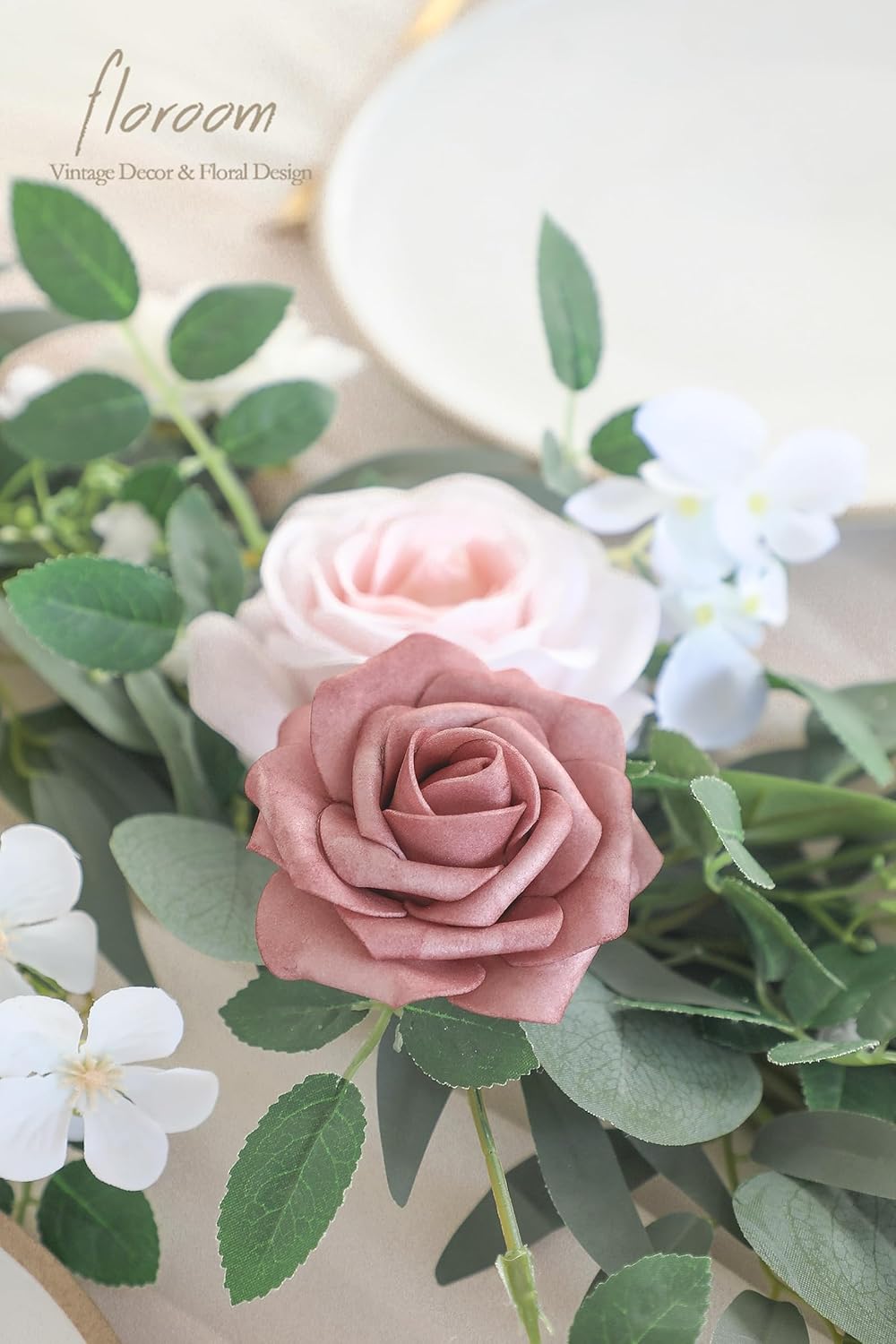 Floroom 6ft Artificial Eucalyptus Garland with Flowers Fake Greenery Faux Floral Vine Garland for Table Decor Wedding Centerpieces Bridal Shower Party Decorations, Blush Powder Blue