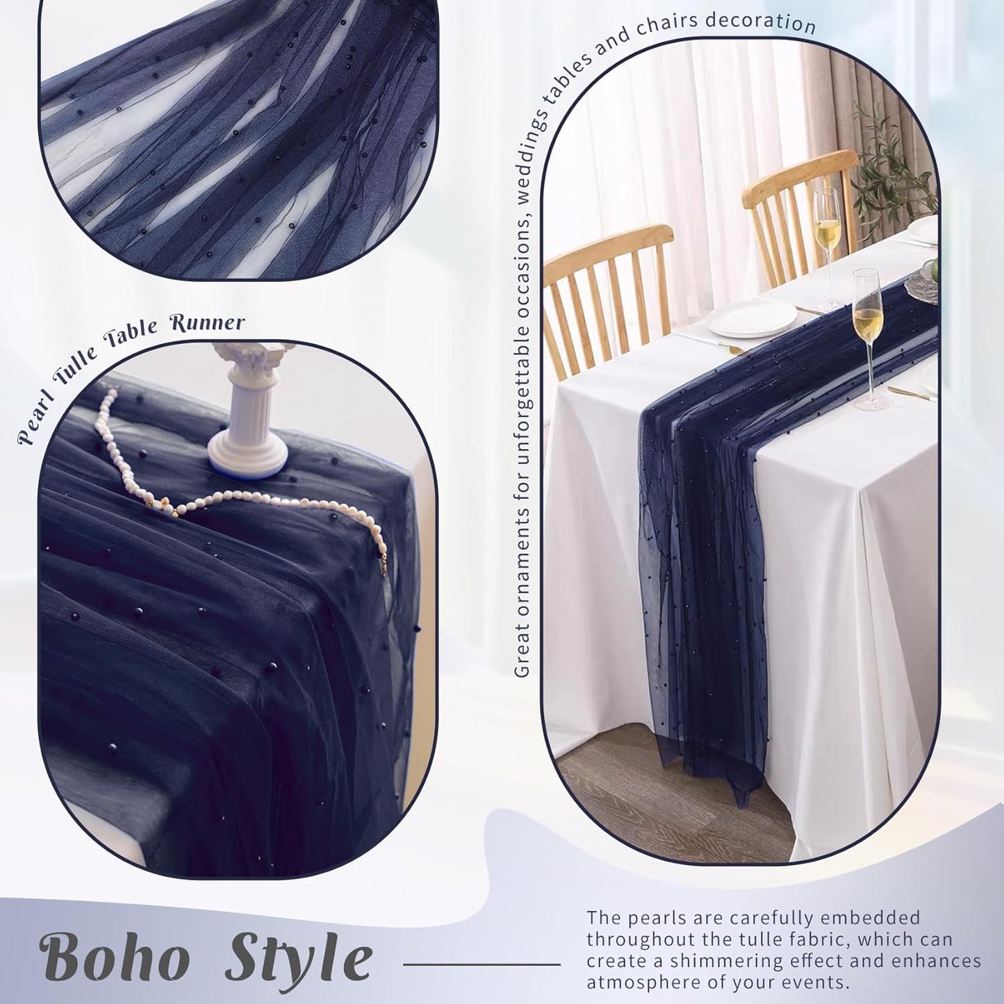 Pearl Table Runner 29 x 120 Inch Tulle Fabric Lace Table Runners Boho Rustic Tablecloth for Bridal Shower Birthday Party Wedding Arch Aisle Veil Dessert Table Decor(1 Pack, Navy Blue)
