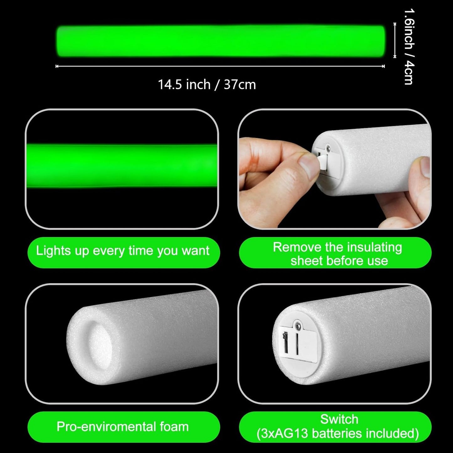 Glow Foam Sticks Bulk, 24 Pcs Green Giant LED Light Up Sticks Flashing Glowing Baton Wands Party Supplies for Wedding, Raves,Concert,Birthday,Christmas, Halloween,Sporting Events