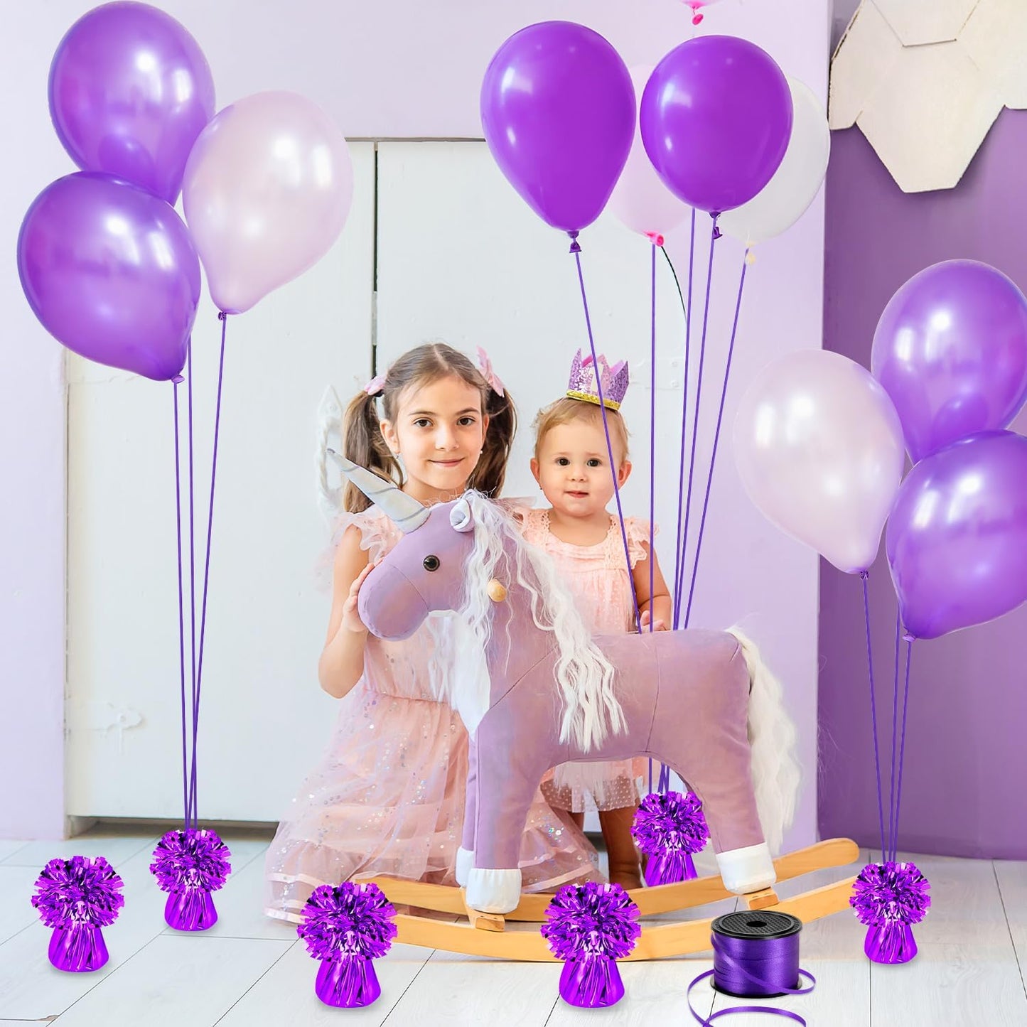 24 PCS Balloon Weights Metallic Anchor, Balloon Holder Heavy Weights with 1 Roll Purple Crimped Ribbon for Balloons Table Party Favor Birthday Decor(Purple)