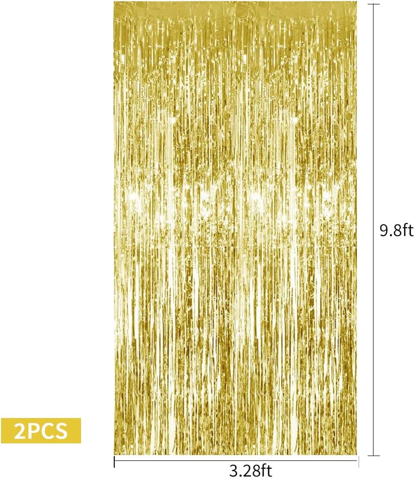TONIFUL 2Pcs Gold Metallic Tinsel Foil Fringe Curtains,Gold Photo Booth Backdrop Streamer Curtain Photo Booth Props for Bachelorette Party,Birthday,Graduation,Christmas Decor(6.6ft x 9.9ft)