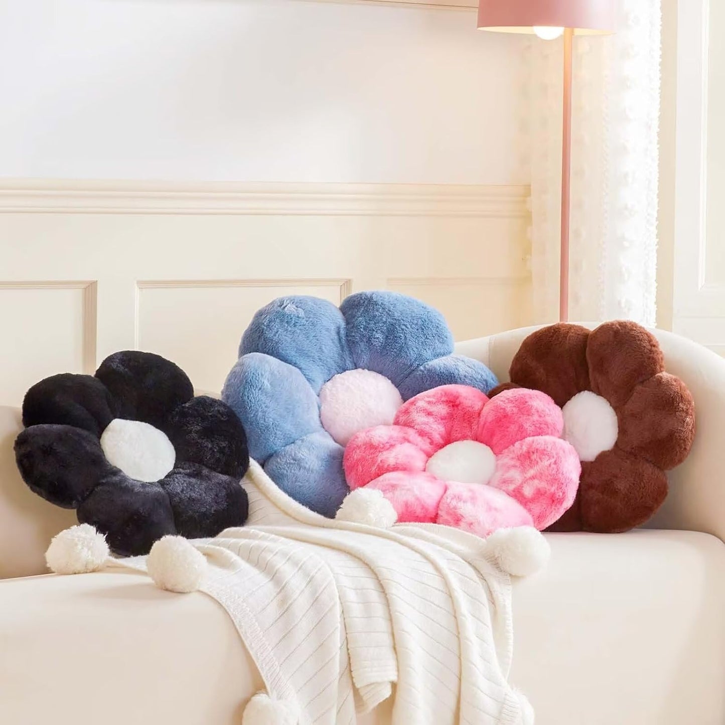 Brown Flower Plus Plush Throw Pillow with Faux Rabbit Fur, 19.6" Soft Decorative Flower-Shaped Floor Pillow for Bedroom Living Room