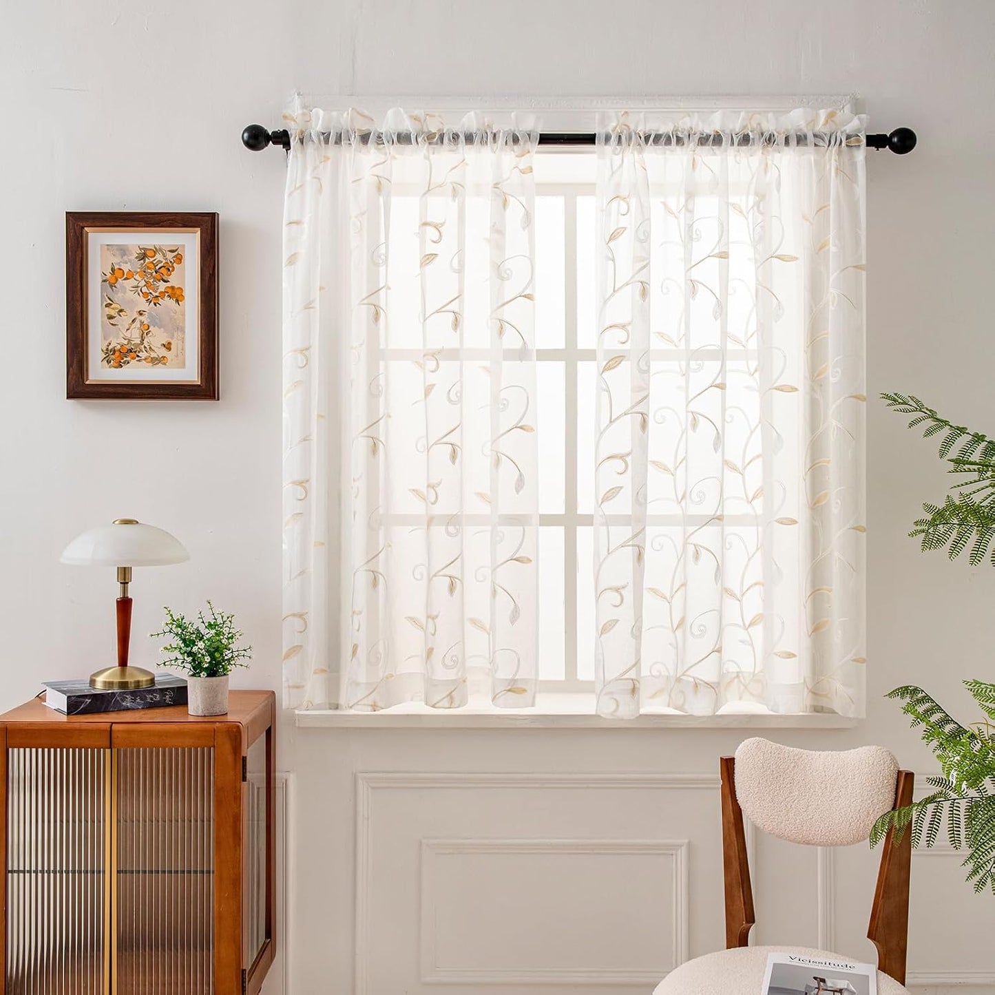 VISIONTEX Sheer Voile Curtains, Decorative Beige Leaves Embroidery Faux Linen Rod Pocket Window Drapes for Home Kitchen, Living Room and Bedroom 54 x 54 Inch, Set of 2 Curtain Panels