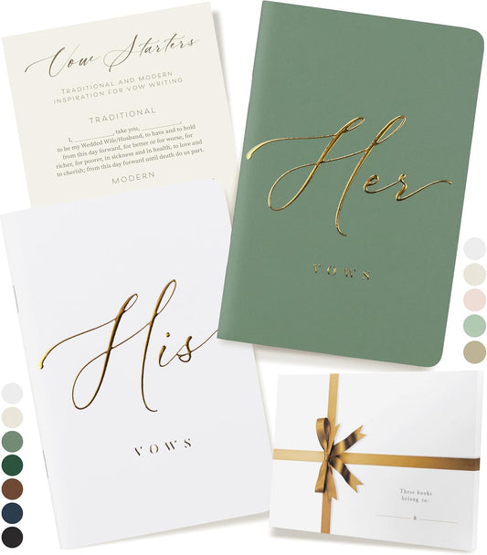 ARTESORI Wedding Vow Book for Her & Him, Soft Touch, Gold Engraving, 28 Lined Pages, Wedding Vow Books His and Hers, Wedding Essentials, Wedding Registry Gifts, His and Hers Gifts [Sage & White]