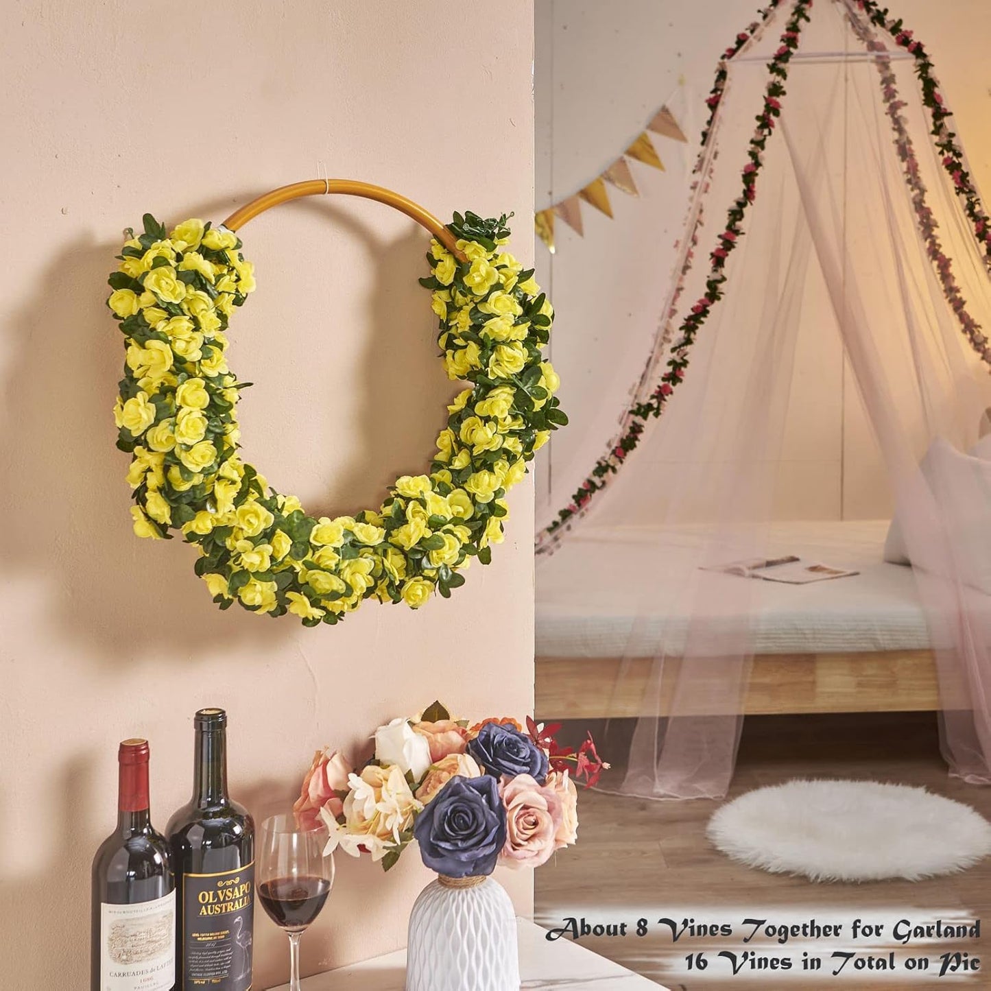 8 Pcs x 8.2 ft Flower Garland Artificial Rose Vine Flowers with Green Leaves Hanging Fake Roses Vine for Room Party Home Wedding Birthday Christmas Wall Arch Decor, Spring Yellow Flower