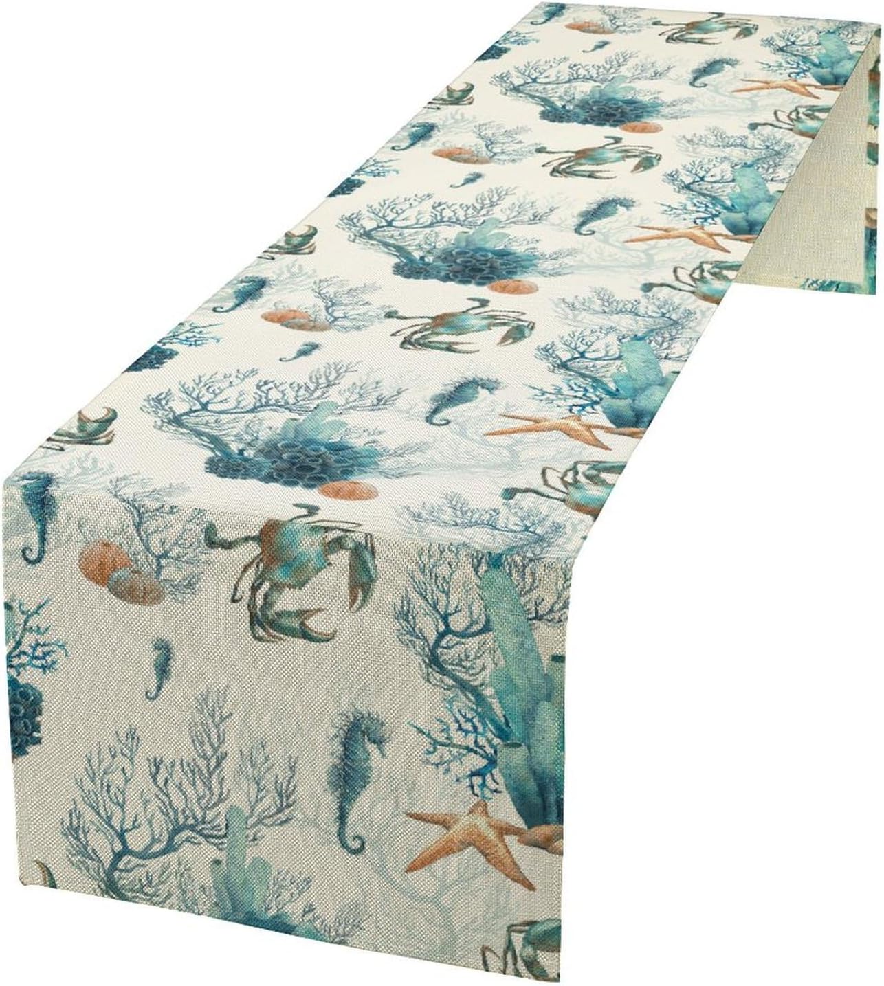 Nautical Coast Table Flag, Ocean Beach Seahorse Shell, Vintage Sailboat Lighthouse Anchor Table Decoration for Indoor and Outdoor Home Party Decor 13x36 Inch