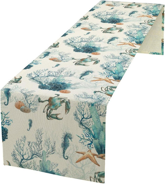 Nautical Coast Table Flag, Ocean Beach Seahorse Shell, Vintage Sailboat Lighthouse Anchor Table Decoration for Indoor and Outdoor Home Party Decor 13x70 Inch