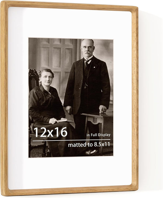 12x16 Frame USA-Sourced Natural Oak Wood Solid Wood Photo Frame Handcrafted Rounded Corner with Mat to 8.5x11 Picture Frame Display with Real Glass Family Picture, Wedding Photo, Certificate