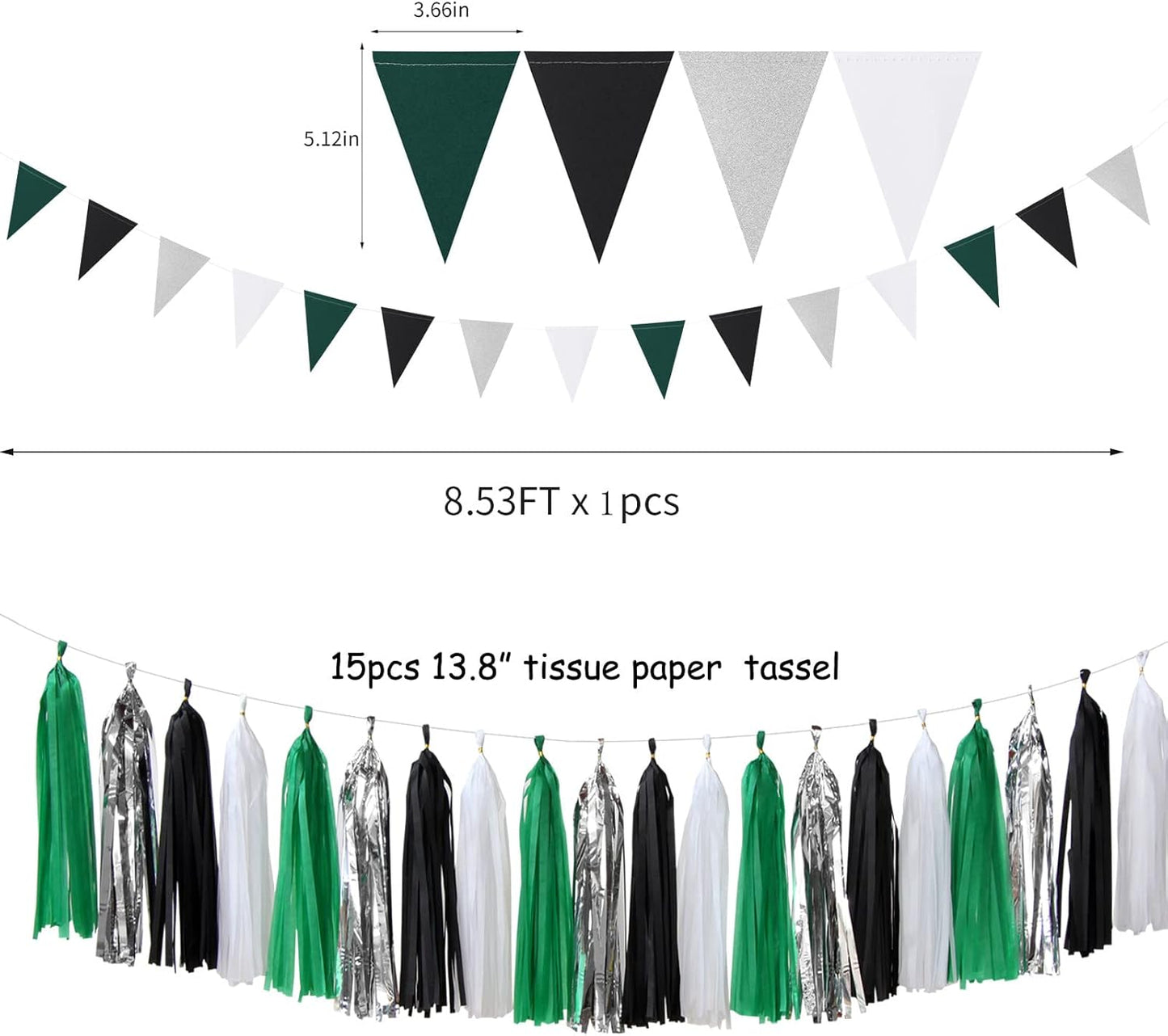 Black Green Silver Football Party-Decorations - 30pcs Soccer Graduation Streamers,Tissue Pom Poms,Tassel Garland Backdrop Men Boys Birthday Spring Sunmer Bunting Jungle theme Banner Lasting Surprise