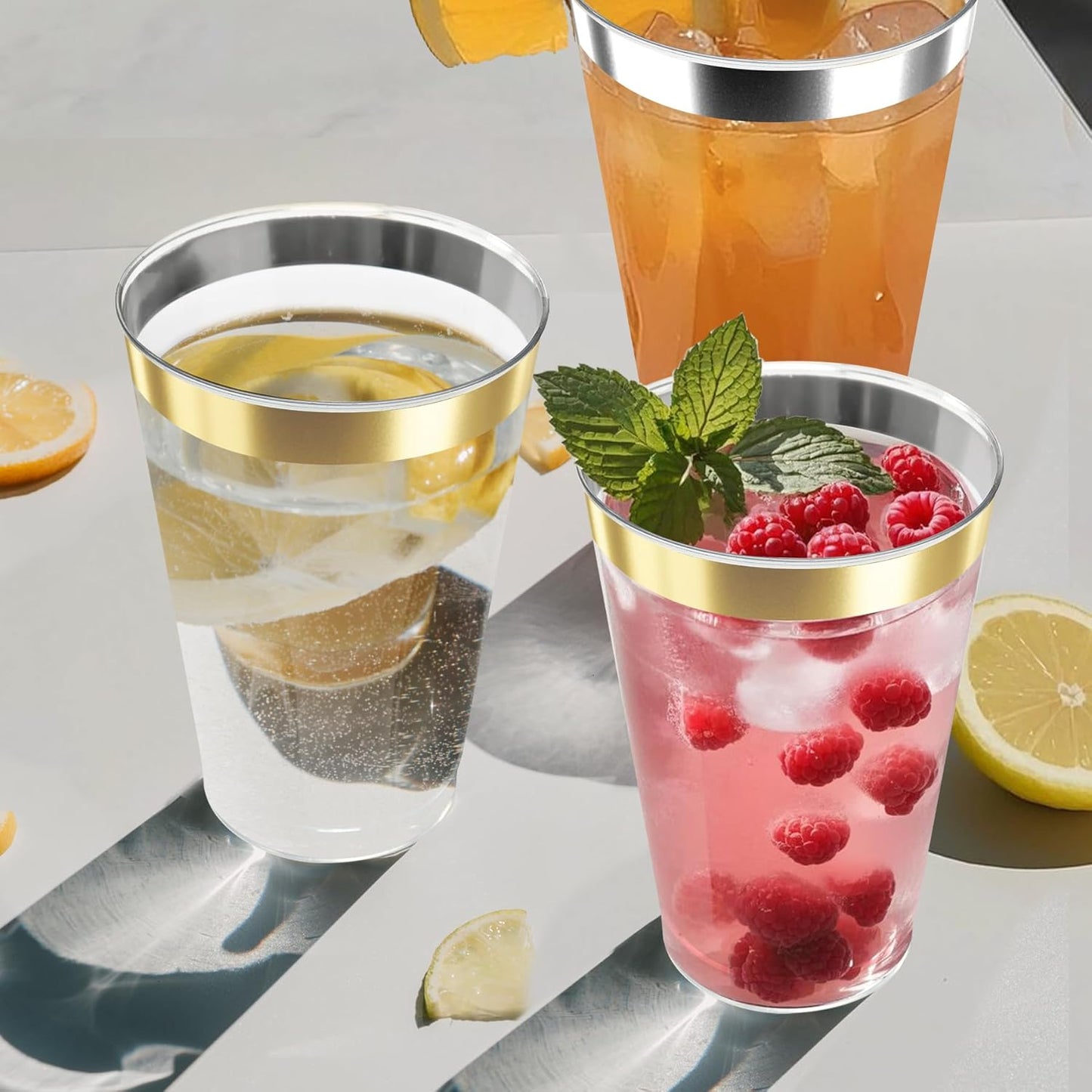 12OZ Plastic Cups with Gold Rimmed Sturdy & Food Safe Disposable Wine Glasses Weeding Party Cups Disposable Drinking Cups Plastic Cocktail Glasses for Wine, Juice & Cold Beverages [200 Pack]