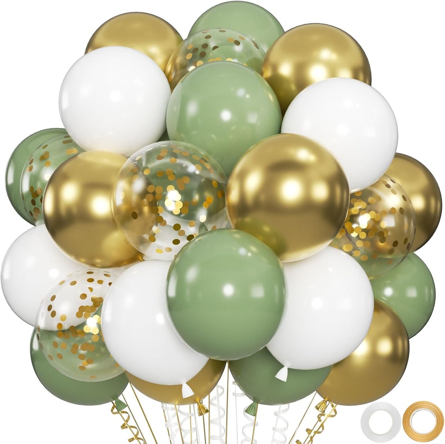 100pcs Sage Green & Gold Balloons Kit - 12 Inch Matte Olive Green, White and Metallic Gold Confetti Balloons for Boho Wedding, Baby Shower, Birthday, Graduation (66ft Ribbons)