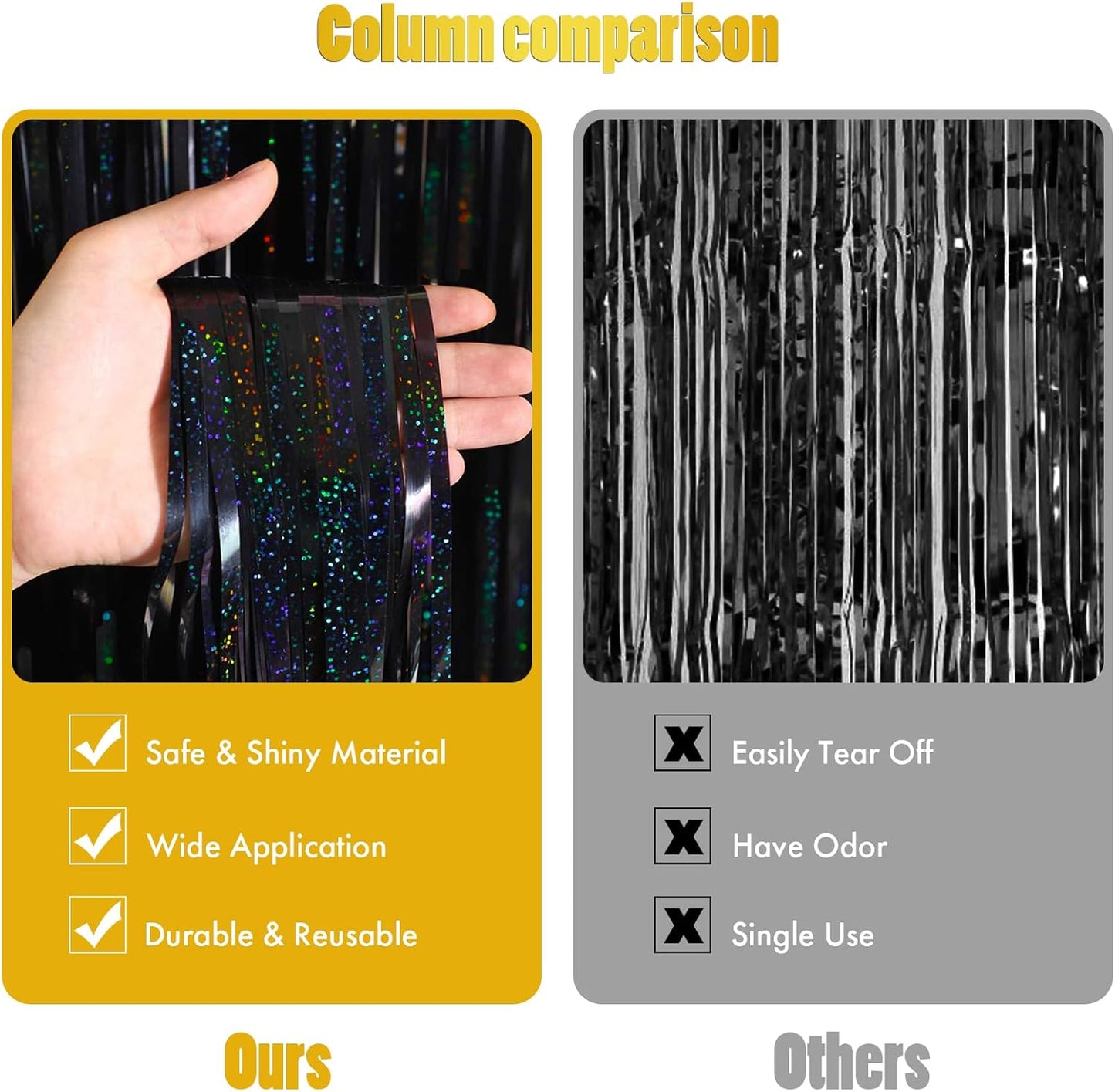 CANREVEL 2 Pack 3.3x8.2 Feet Laser Black Foil Fringe Backdrop Curtains, Tinsel Streamers Birthday Party Decorations, Fringe Backdrop for Graduation, Halloween, Happy New Year, Disco Party