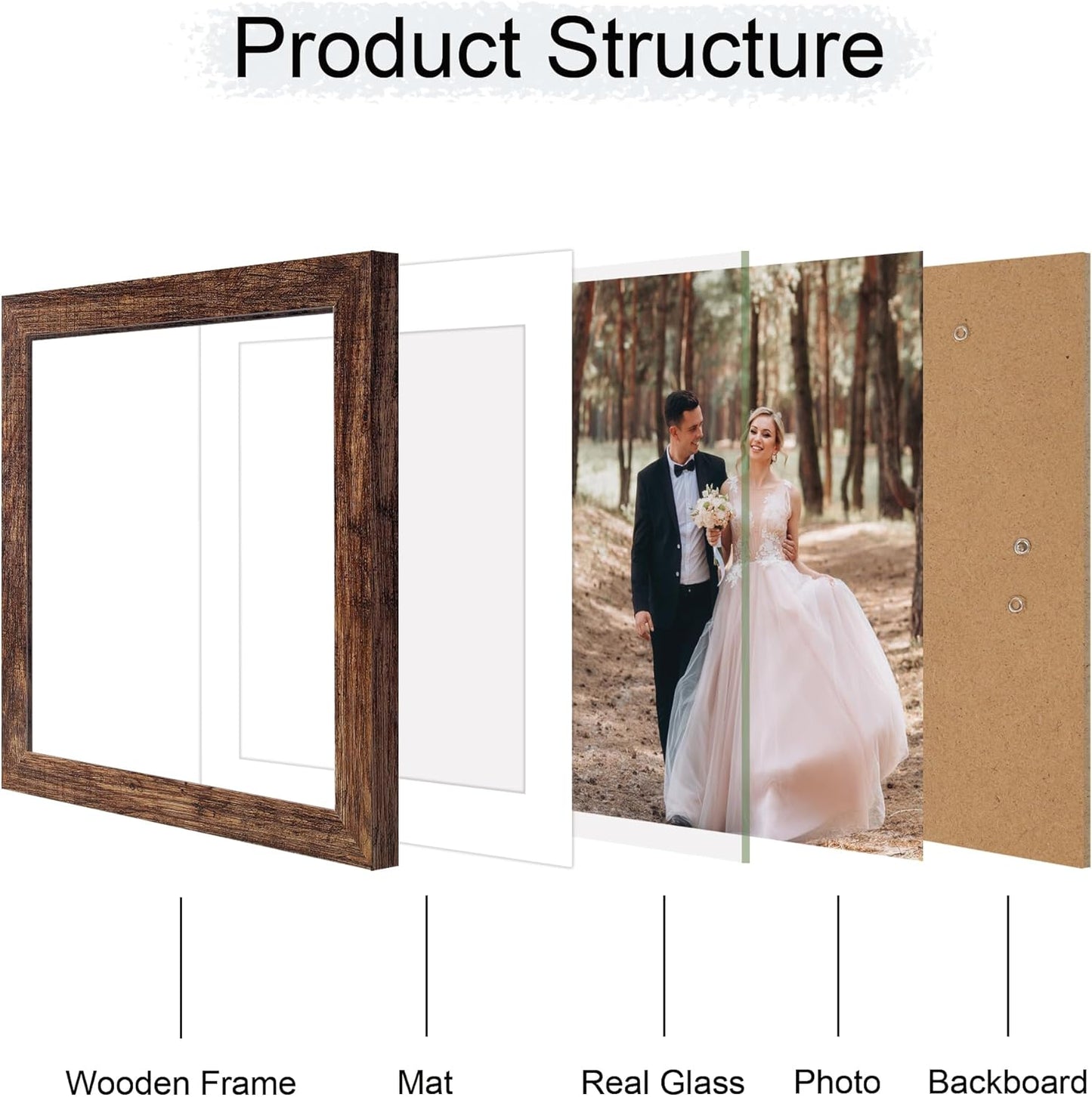10x10 Picture Frame Set of 4 with Real Glass, Rustic Frames Display 8x8 Picture with Mat or 10 x 10 Without Mat, Wooden Square Photo Frame for Wall Mount and Tabletop Display