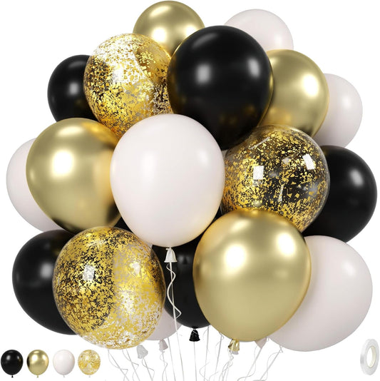 Black White Gold Balloons, 12 Inch 35PCS Black and White Balloon with Metallic Gold Confetti Balloons for Graduation New Years Wedding Retirement Bridal Baby Shower Birthday Party Decorations