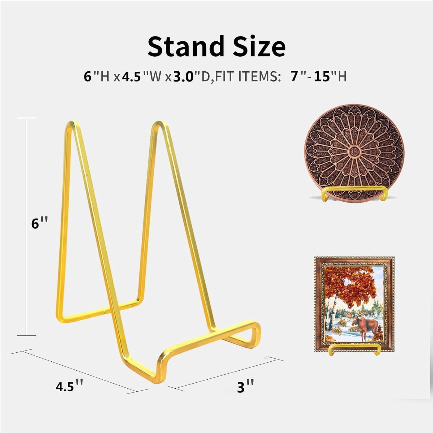 3 Pack 6 inch Metal Plate Stands for Display, Plate Holder Pictures Frame Easel Display Stand, Tabletop Picture Stand, Iron Easels for Display Photo Frames, Plates, Vinyl Record，Book, Plaque, Sign