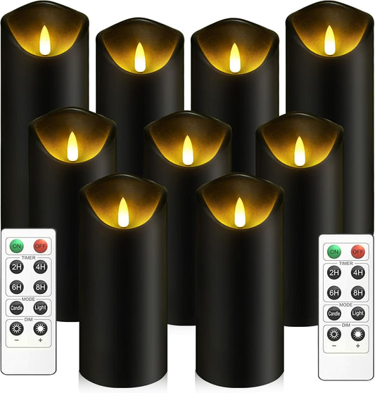 Flickering Flameless Candles, Battery Operated Acrylic LED Pillar Candles with Remote Control and Timer, Set of 9 (Black)