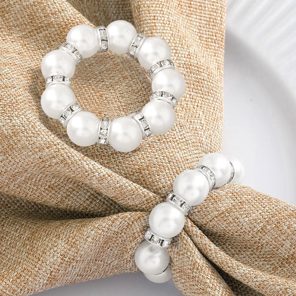 12Pcs Pearl Napkin Rings, Round Napkin Buckles Wedding Beaded White Napkin Rings Silver Napkin Ring Holder for Formal Dinner Reception Party Banquet Table Decor (Sliver)