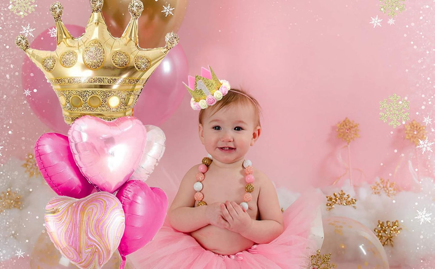 Pink Balloons Birthday Decorations，Gold Crown Princess Foil Balloons Set for Girls Women Party Decorations Baby Shower