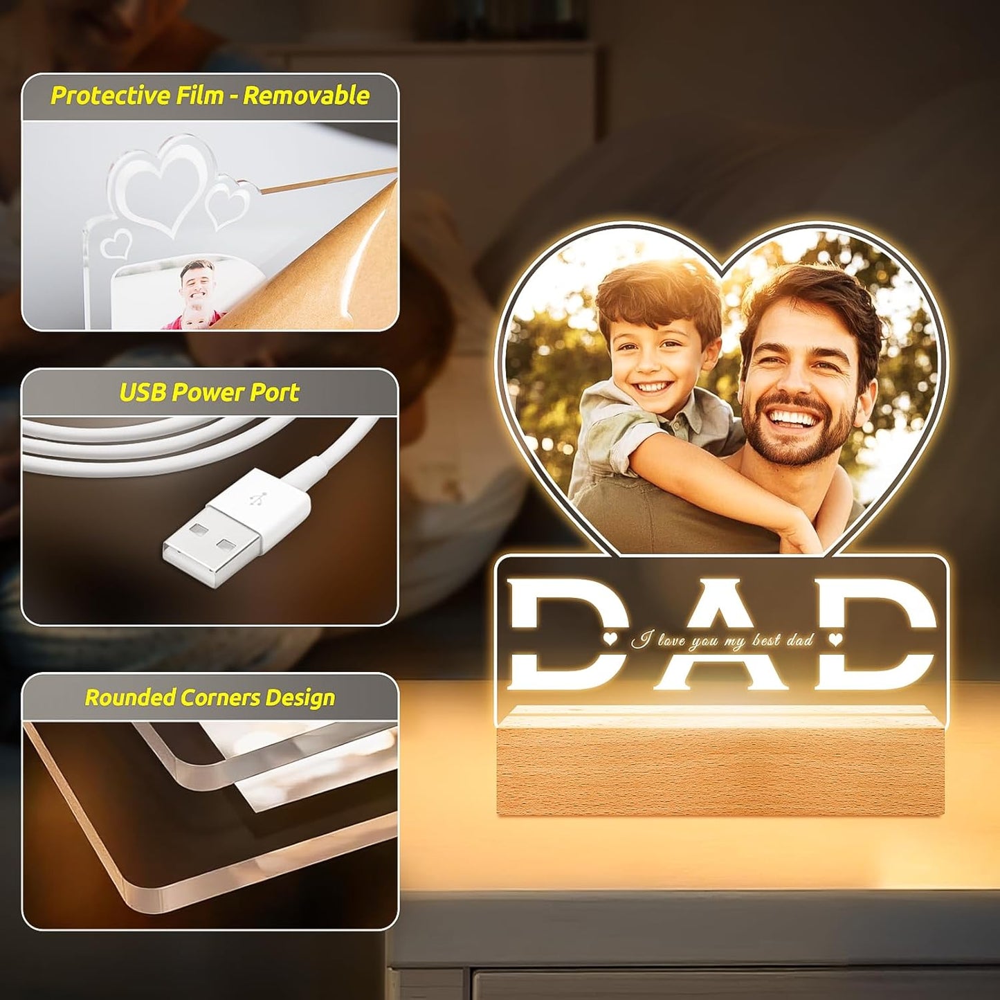 Personalized Dad Gifts for Dad from Daughter Son, Custom Picture Frames with Photo, Customized Photo Frame with Night Light, Personalized Birthday Gifts for Dad Baby Kid Family