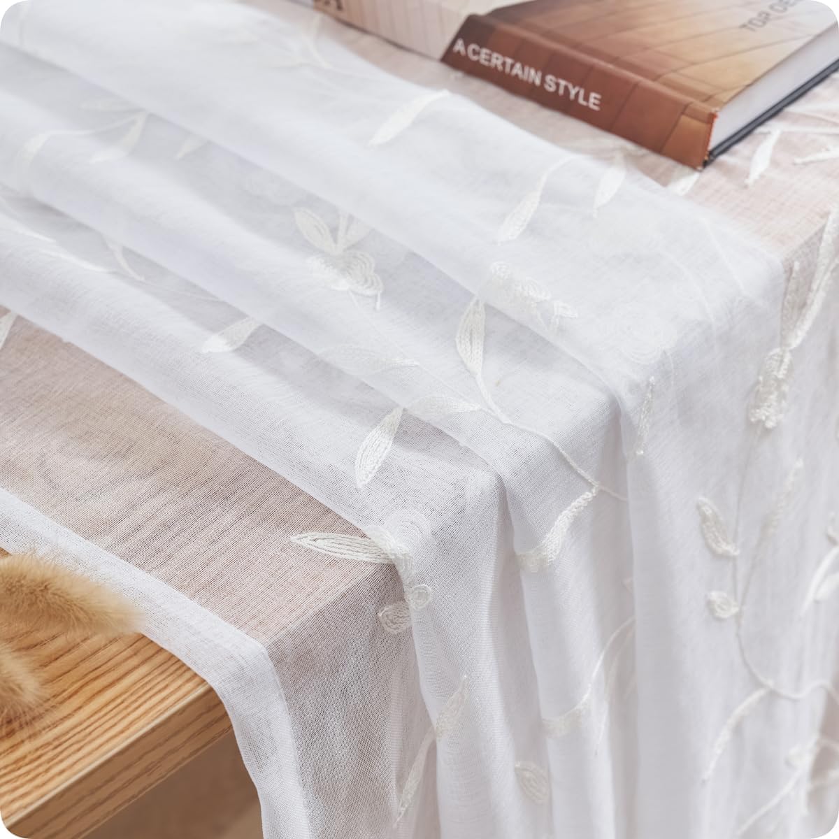 Sheer Curtains Floral Embroidery White 84 Inch Long Rod Pocket Lace Drapes for Living room, Bedroom, 2 Panels, 52"x84", Semi Voile Pattern Outdoor Window Treatment Sets for Yard, Patio, Villa, Parlor.