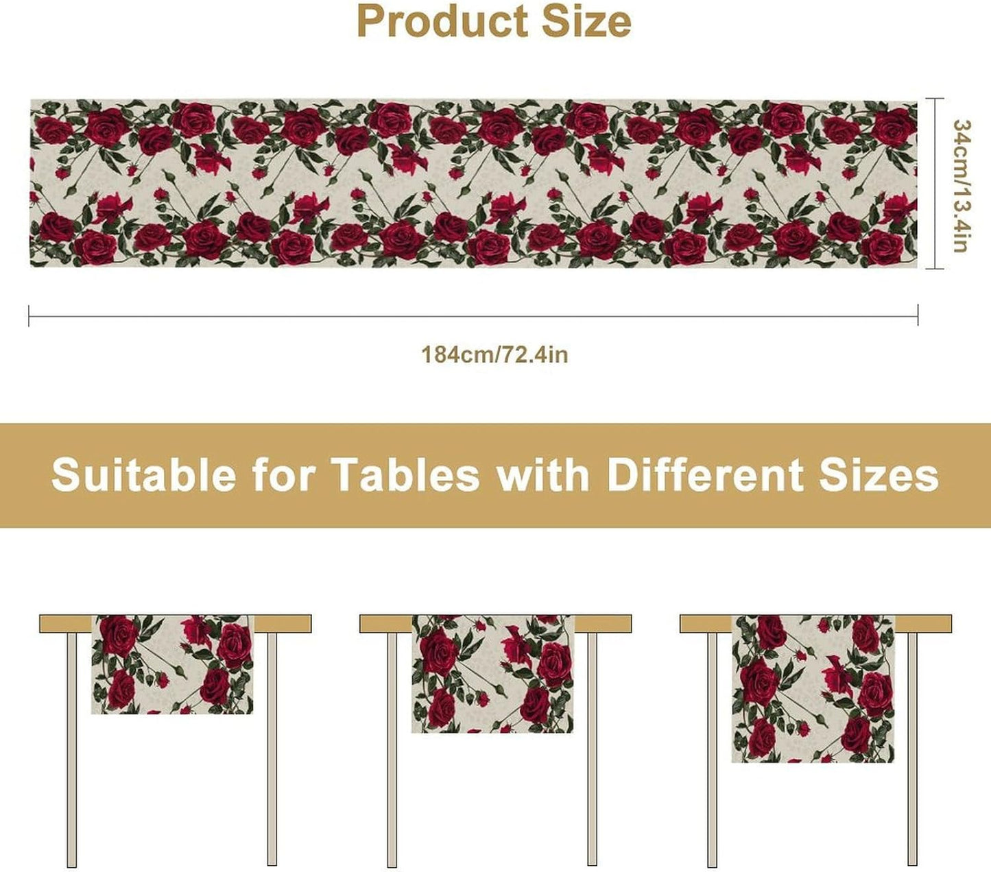 Rose Table Runner, Retro Red Rose Flowers Green Leaves Valentine's Day Kitchen Dinning Table Runner for Indoor Outdoor Home Wedding Party Holiday, 13x36 Inch
