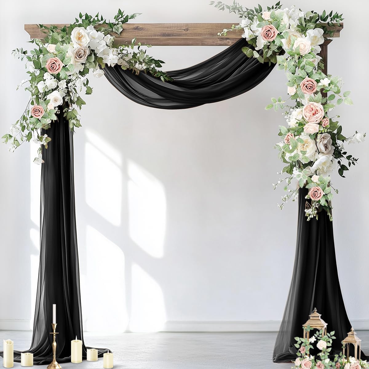 Socomi Wedding Arch Draping Fabric 3 Panels 29" x 18Ft Black Sheer Curtain Drapes 6 Yards for Wedding Baby Shower Ceremony Birthday Party Decoration