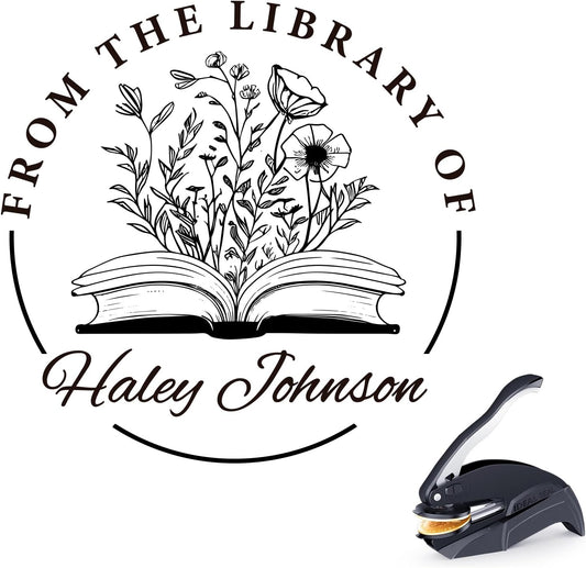 Book Embosser Personalized - Custom Library Embosser Stamp Gifts for Book Lovers, Readers, Teachers (Floral-02)