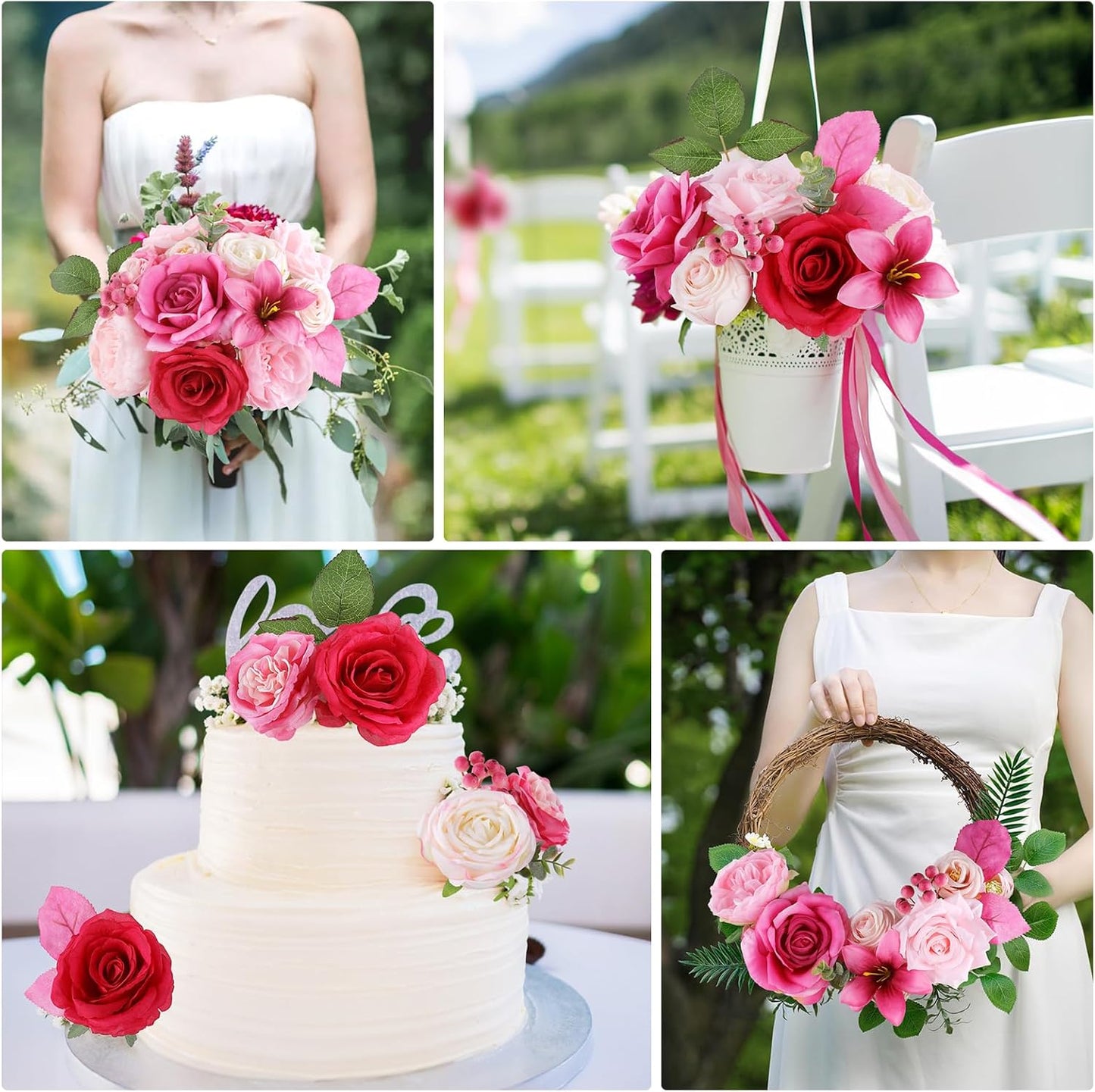 AmyHomie Fuchsia Pink Artificial Flowers Combo Silk Mix Peony Rose Fake Flowers w/Stem for DIY Wedding Bouquets Centerpieces Arrangements Table Fall Decor Party Bridal Baby Shower Home Decorations