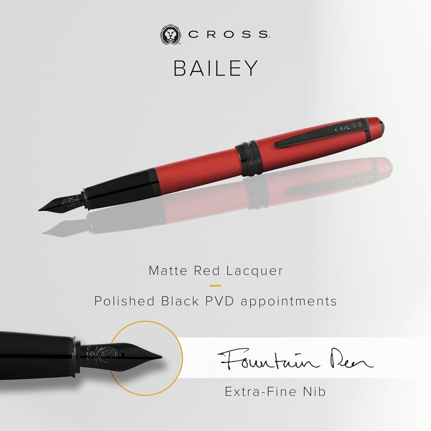 Cross Bailey Matte Red Lacquer Fountain Pen with polished black PVD appointments, Extra Fine Nib