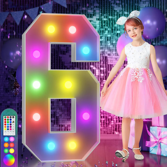 imprsv 4FT Colorful Marquee Numbers,18 Colors Number 6 with Remote, Light Up Numbers Sign for 60th Birthday Decorations Anniversary Party Decor, Pre-Cut Foam Board Kit, Mosaic Sign for Balloon