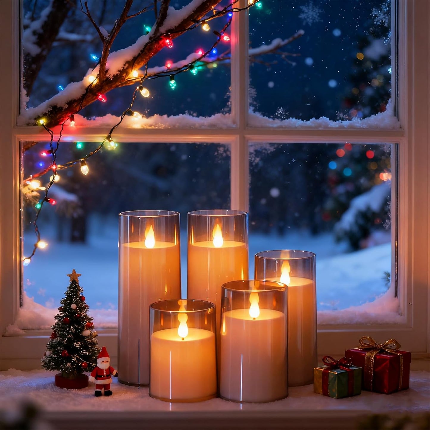 Fo32won Grey LED Flameless Pillar Candles Battery Operated with Remote and Timer, Set of 5 (D 3"×H 4" 5" 6" 8" 8") Decorative Plexiglass Flickering Candles with 3D Flame