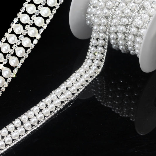 PEARLY JUN 2 Yards Pearl Rhinestone Trim Chain Silver Crystal Fringe Diamond Applique Ribbon String Tassel Strip for Sewing Wedding Dress Crafting Crafts Flower Embellishments