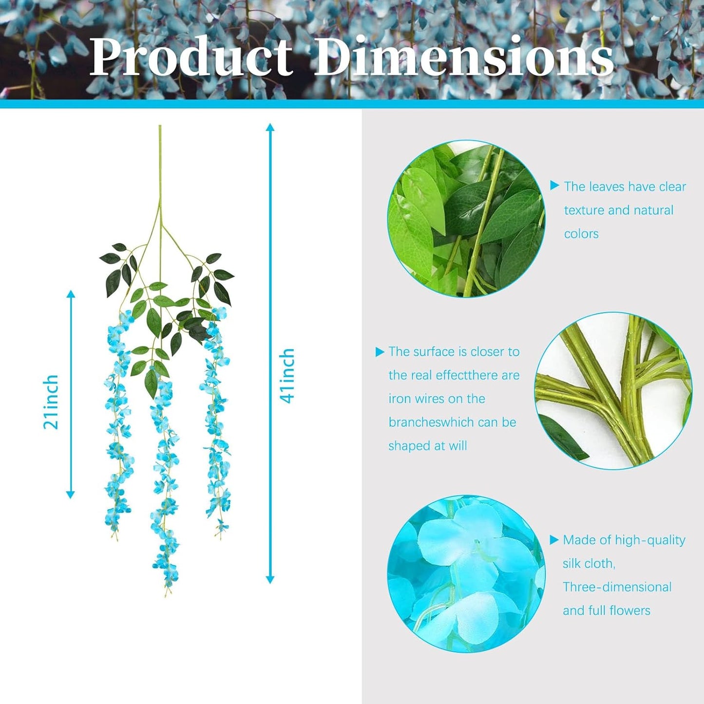 36 Pack Blue Wisteria Hanging Flowers, 3.44 Ft Fake Hanging Flowers, Artificial Wisteria Garland Vines for Wedding Room Backdrop Outdoor Patio Garden Decoration