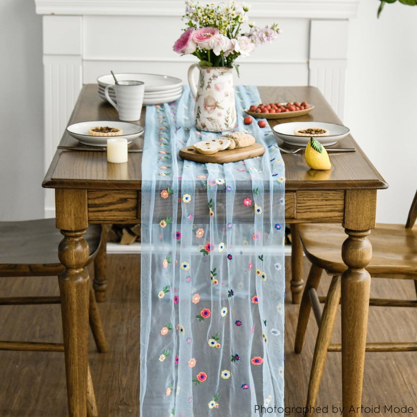 Artoid Mode Blue Embroidery Daisy Gauze Table Runner 120 Inch 10FT, Seasonal Sheer Kitchen Dining Holiday Wedding Birthday Table Decor for Home Party